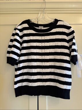 CAbi Black & White Striped Short-Sleeve Crewneck Sweater